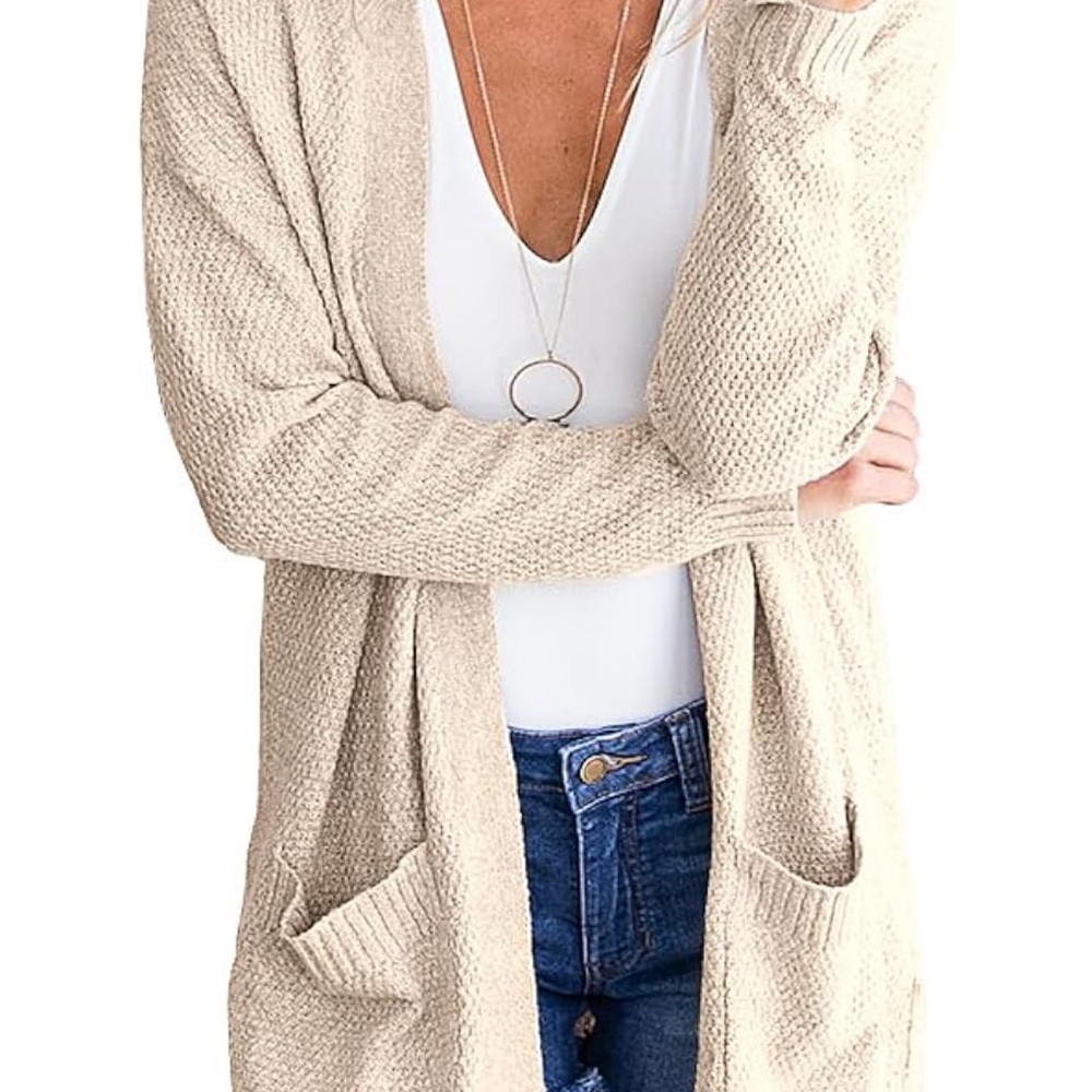 Elegant Cream Cardigan Open Front Long Sweater Knitted Coat with Pockets